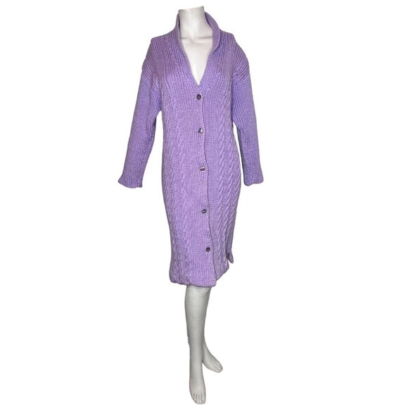 Handmade Cable Knit Midi Length Cardigan Sweater XS S Purple Button Midi Length - Picture 3 of 12